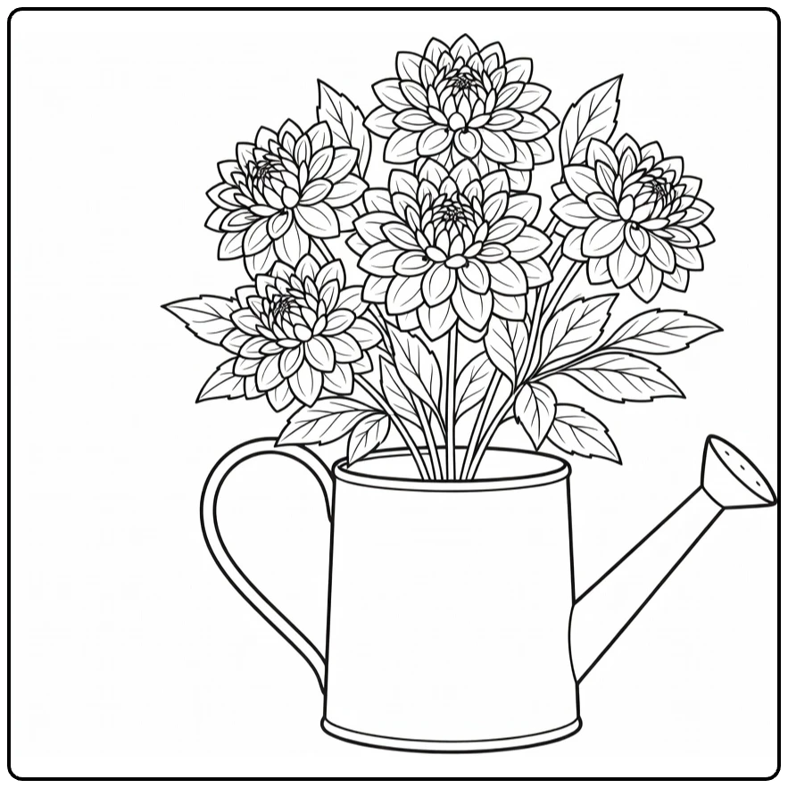 Dahlia kleurplaat met dahlia plant in gieter