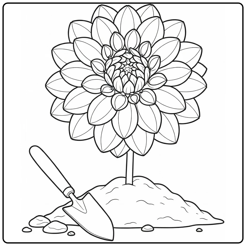 Dahlia kleurplaat met bloem in aarde en tuinschepje