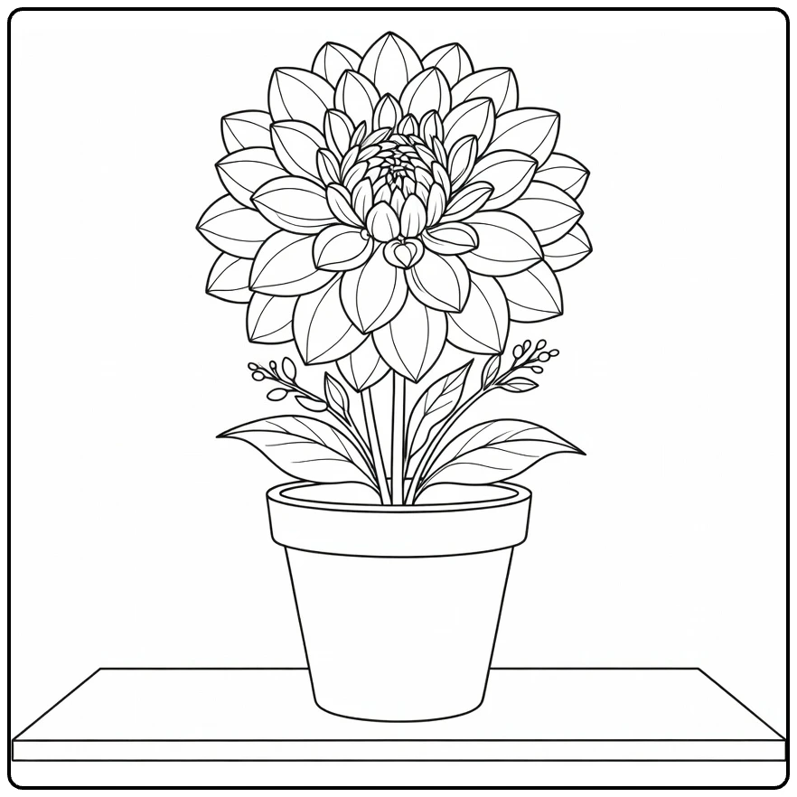 dahlia kleurplaat met grote bloem in pot op vensterbank