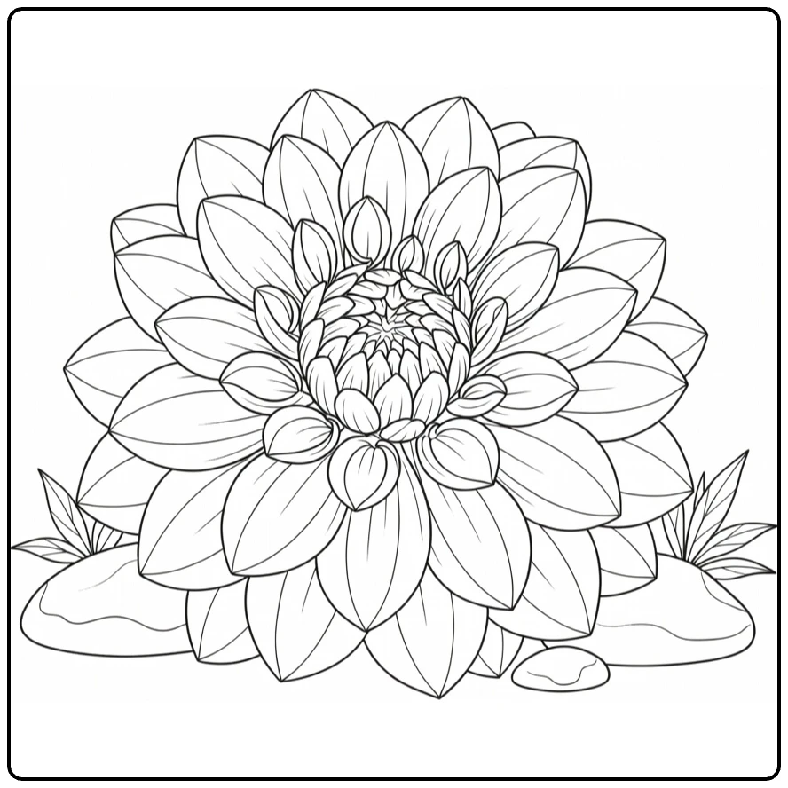 Dahlia kleurplaat met bloem, stenen en bladeren
