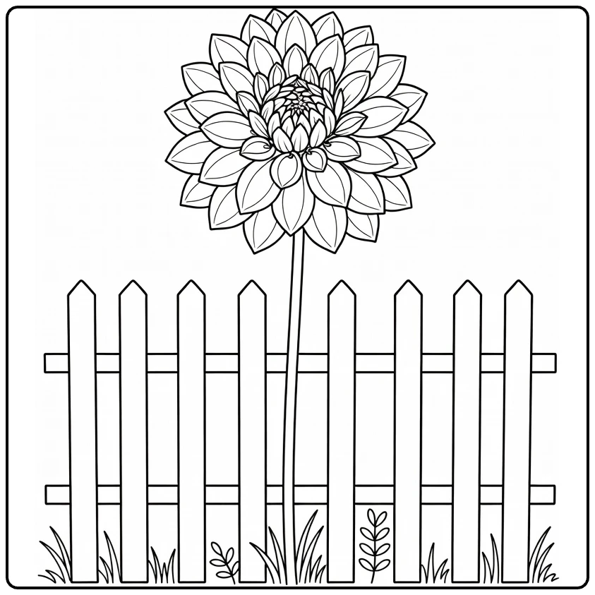 Dahlia kleurplaat met hoge bloem bij tuinhek