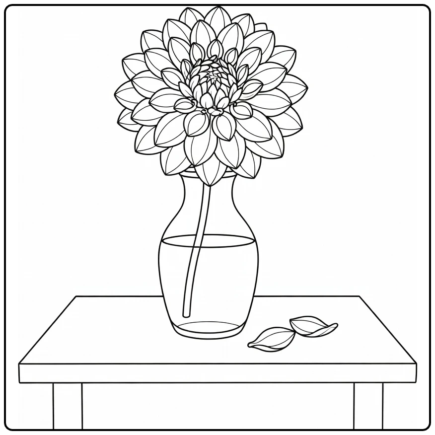 Dahlia kleurplaat met bloem in glasvaas en blaadjes