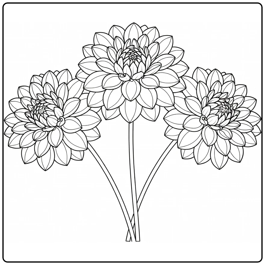 dahlia kleurplaat met drie bloemen in zachte boog