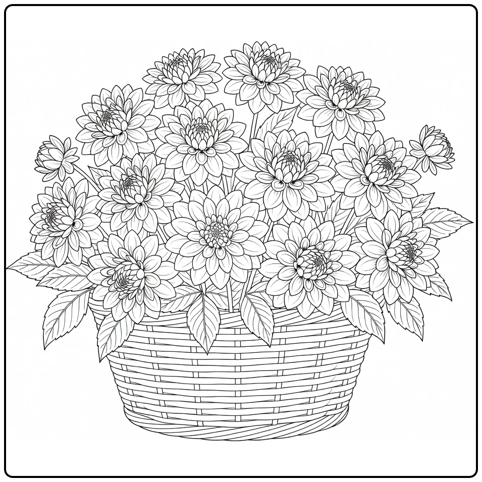 Dahlia kleurplaat met mand vol verse dahlia bloemen