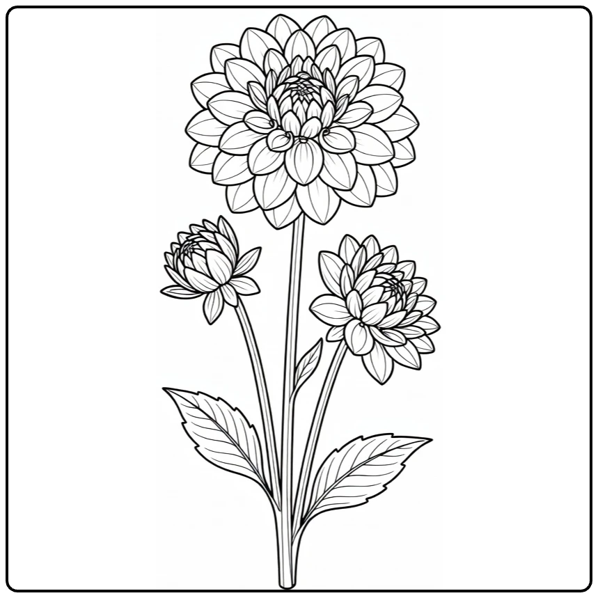 Dahlia kleurplaat met open bloem, halfopen bloem en knop