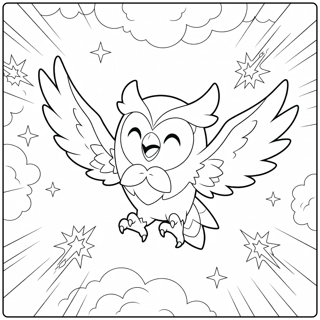 Dartrix Kleurplaat: blije vliegende uil Pokémon met sterren