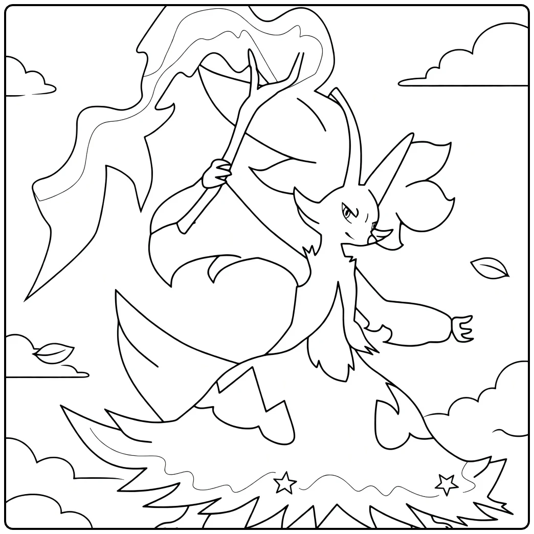 Delphox Kleurplaat met vlammen en toverstaf