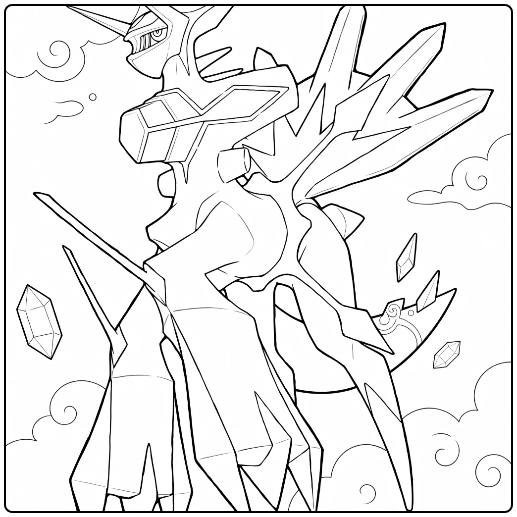 Dialga Origin Forme kleurplaat met kristallen en wolken