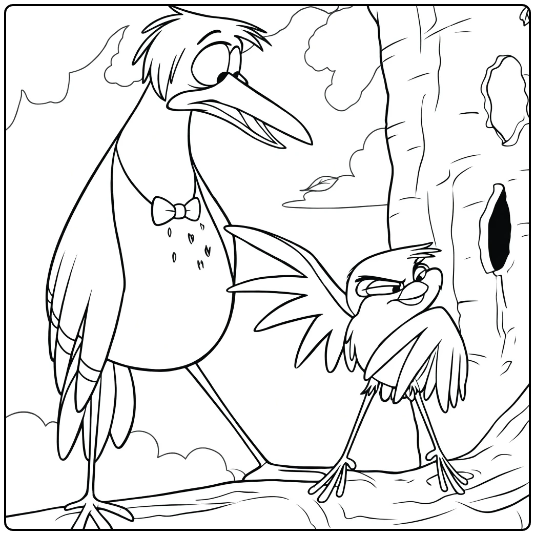 Dinky Kleurplaat met twee vogels bij boom