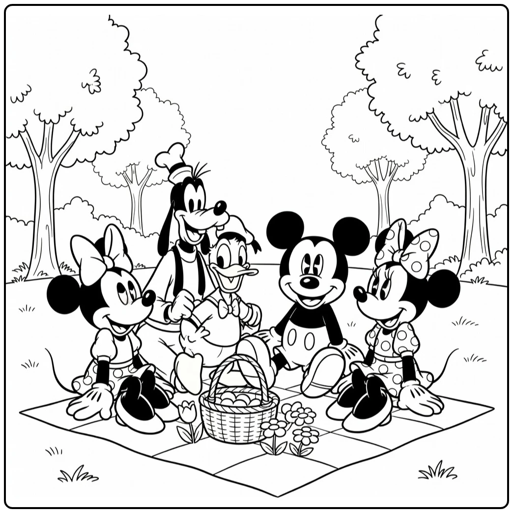 Kleurplaat Disney Mickey Minnie Donald Goofy vrolijke picknick