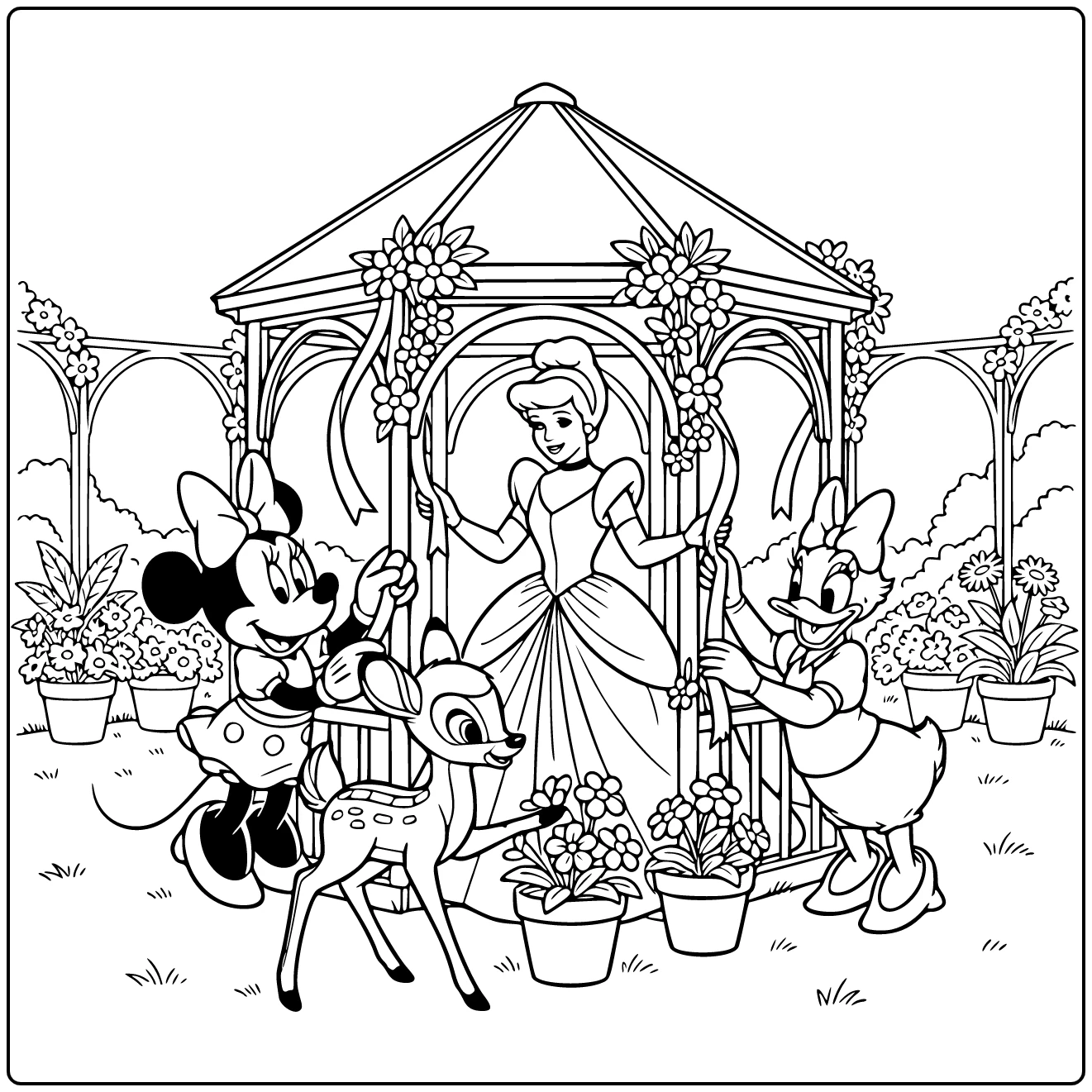 Kleurplaat Disney Minnie, Daisy, Cinderella en Bambi in tuin