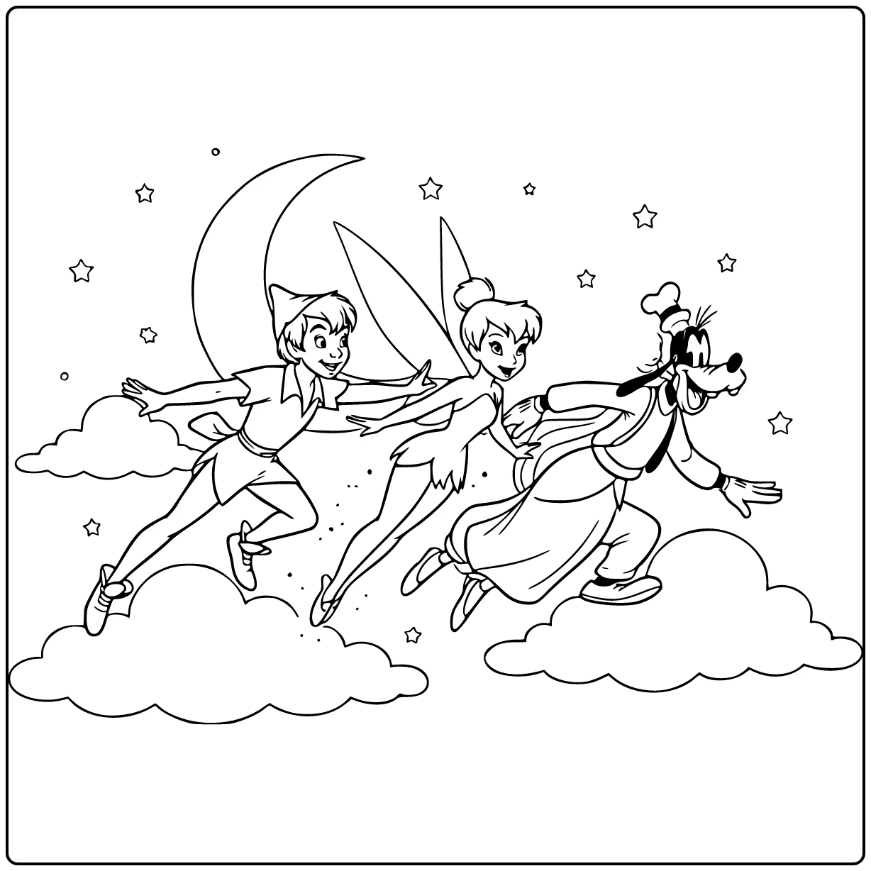 Kleurplaat Disney: Peter Pan, Tinkelbel, Wendy, Goofy over maanverlichte klif