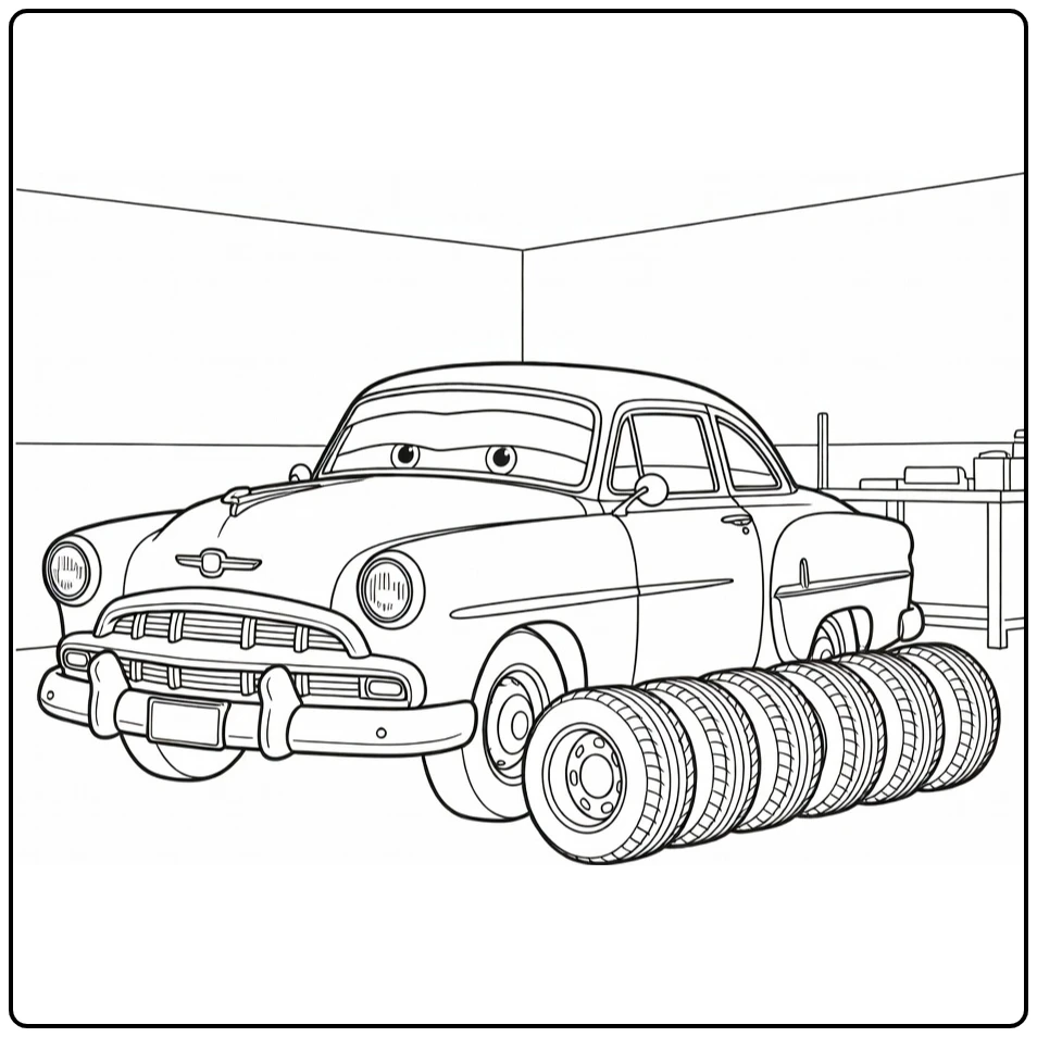 Doc Hudson Kleurplaat: auto inspecteert racebanden werkplaats