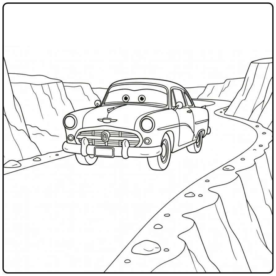 Doc Hudson Kleurplaat aan canyonrand met kliffen en stenen