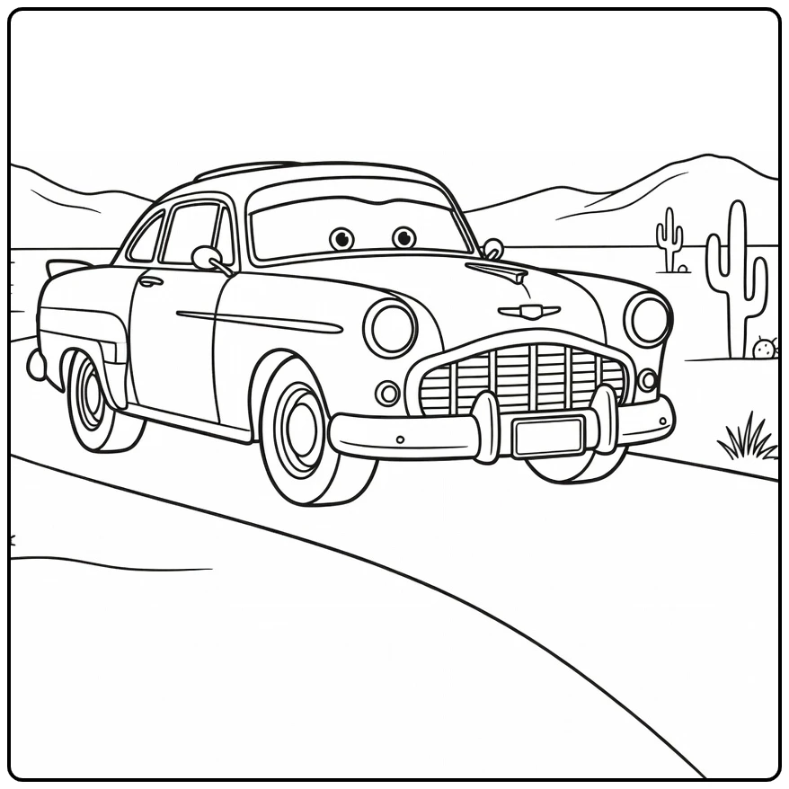 Doc Hudson Kleurplaat woestijnuitzicht met bergen cactus