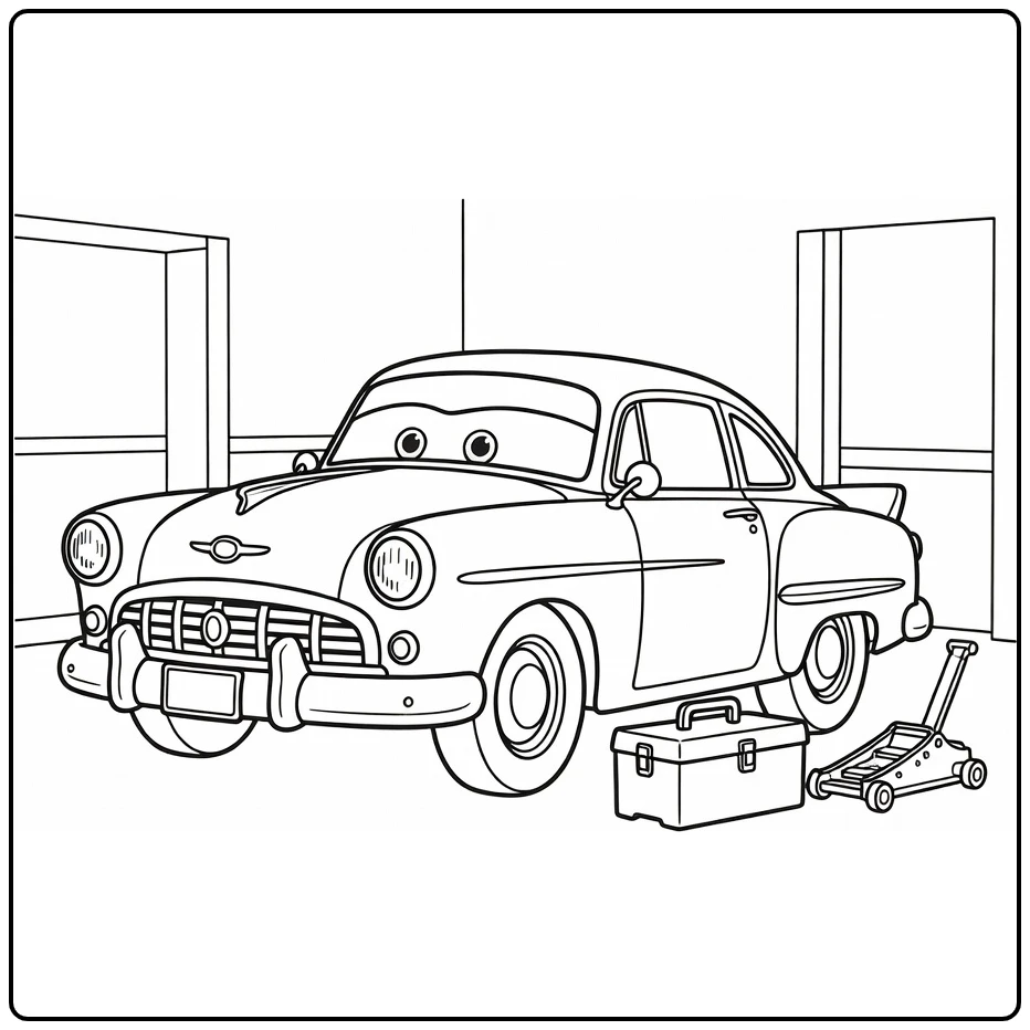 Doc Hudson Kleurplaat met toolbox en krik in garage
