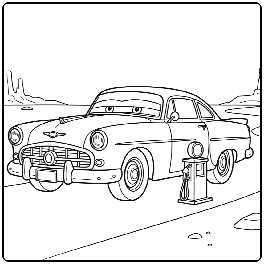 Doc Hudson Kleurplaat bij pomp en woestijnrotsen
