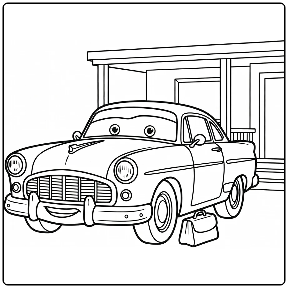 Doc Hudson Kleurplaat: doktersauto met tas bij kliniek