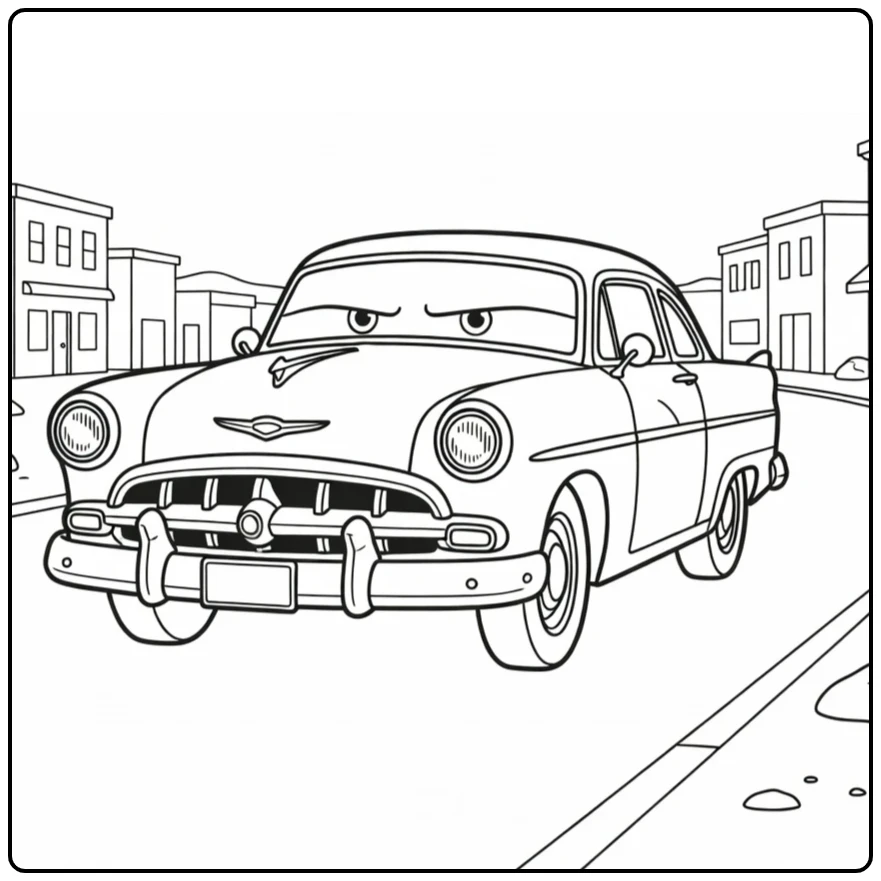 Doc Hudson Kleurplaat: auto door woestijndorp