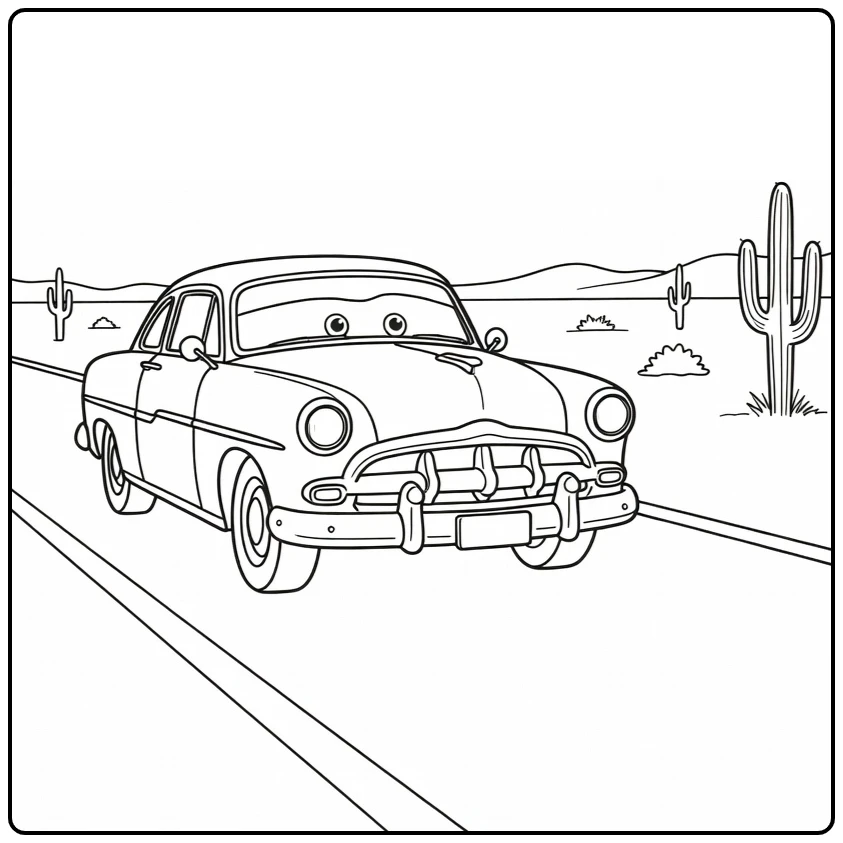 Doc Hudson Kleurplaat op rustige Route 66 woestijnweg