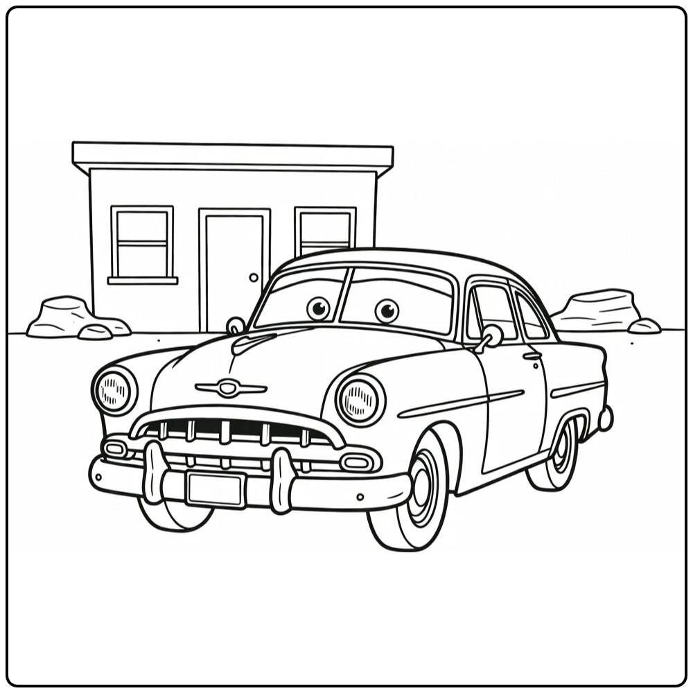 Doc Hudson Kleurplaat geparkeerd bij Radiator Springs kliniek