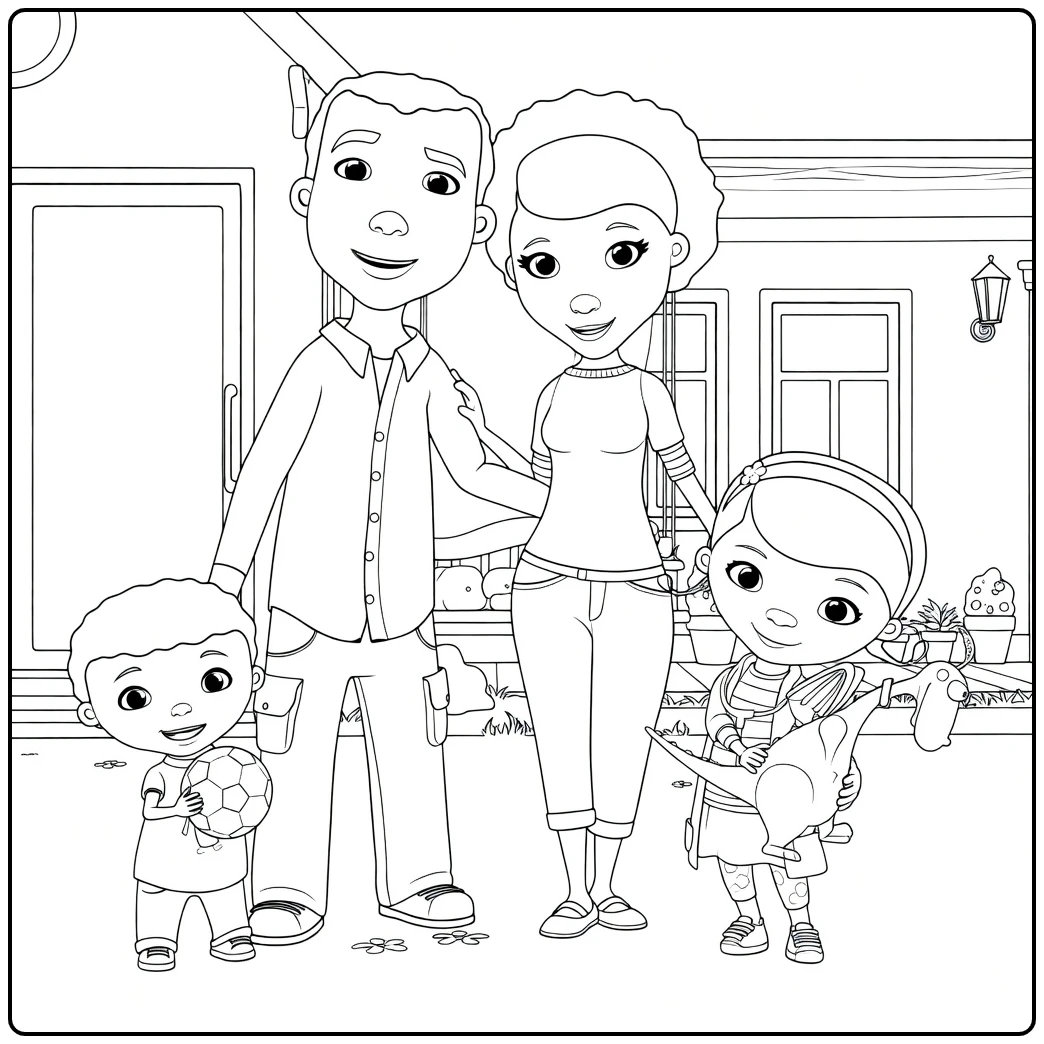 Doc McStuffins Kleurplaat met het gezin voor het huis
