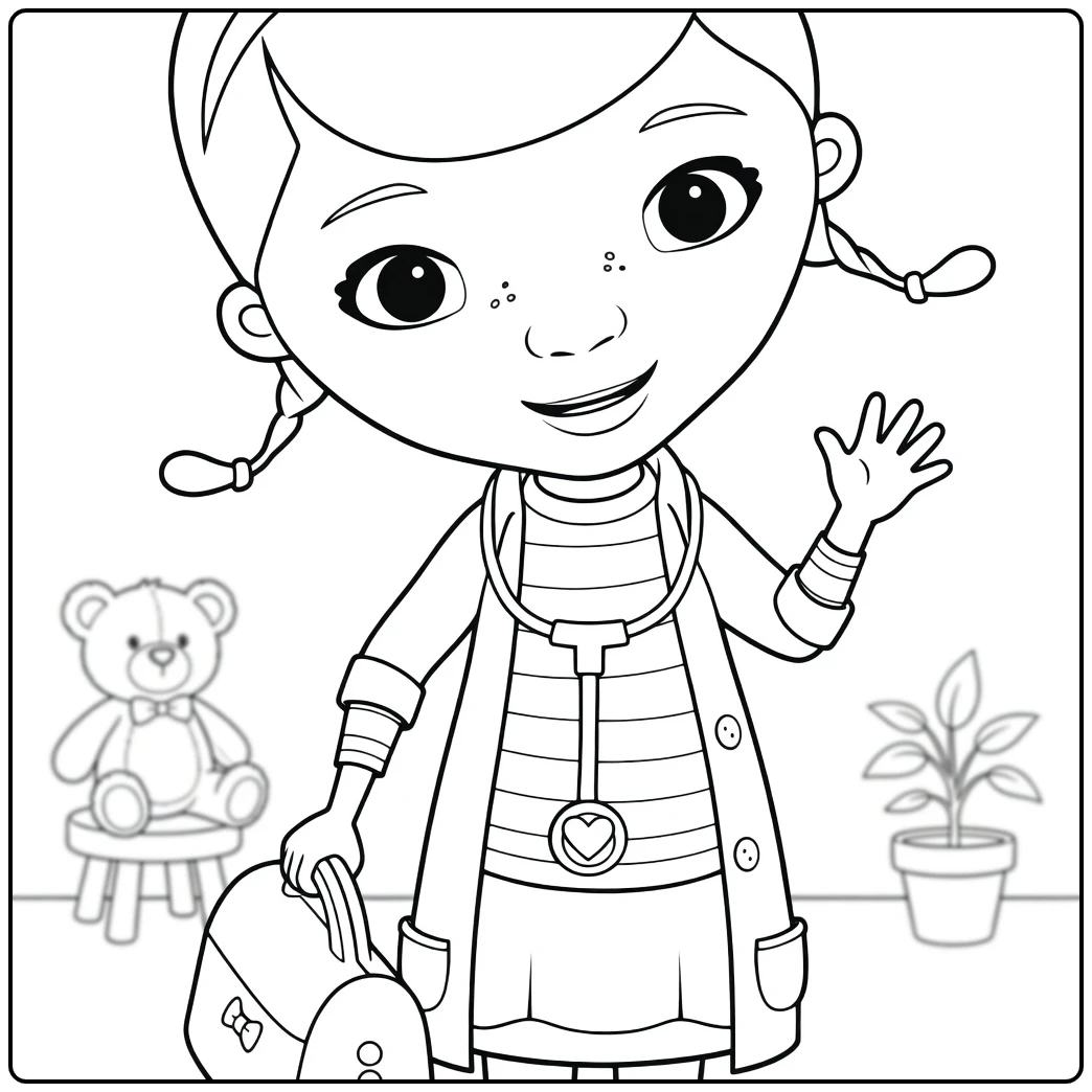 Doc McStuffins Kleurplaat van het meisje dat zwaait met rugzak