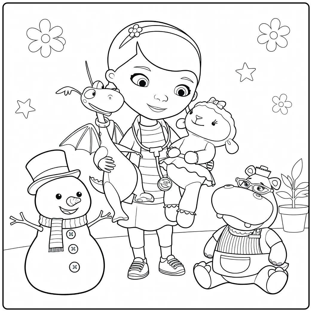 Doc McStuffins Kleurplaat met Doc en haar speelgoedvrienden