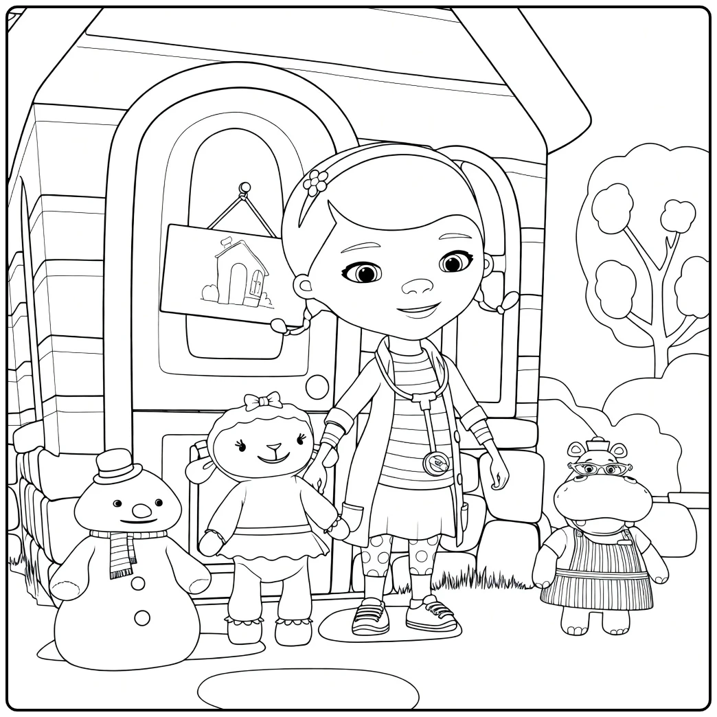 Doc McStuffins Kleurplaat met Doc en haar speelgoedvrienden