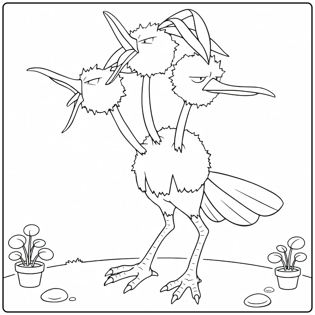 Dodrio Kleurplaat: drie koppen Pokémon vogel te kleuren