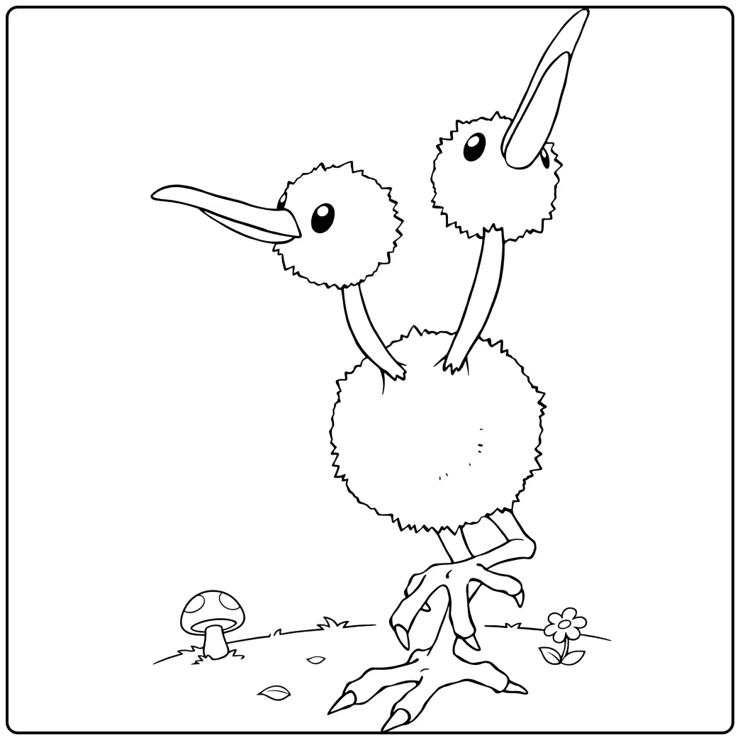 Doduo Kleurplaat: tweekoppige Pokémon vogel met paddenstoel