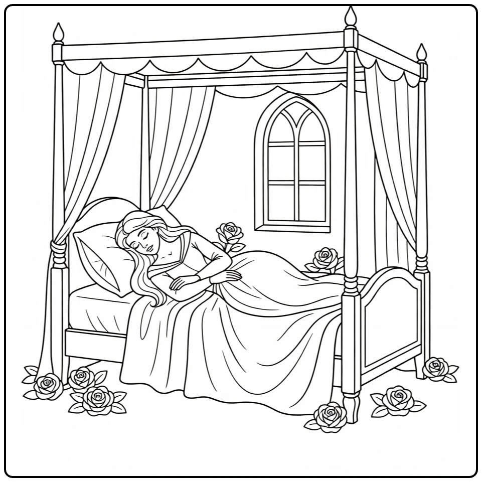Doornroosje kleurplaat: slapende prinses op bed met rozen
