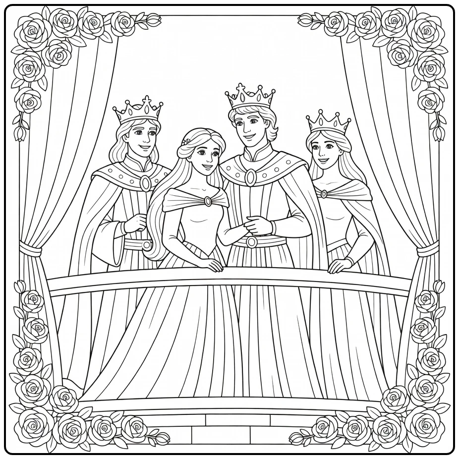 Doornroosje kleurplaat: prinses op balkon met prins en ouders