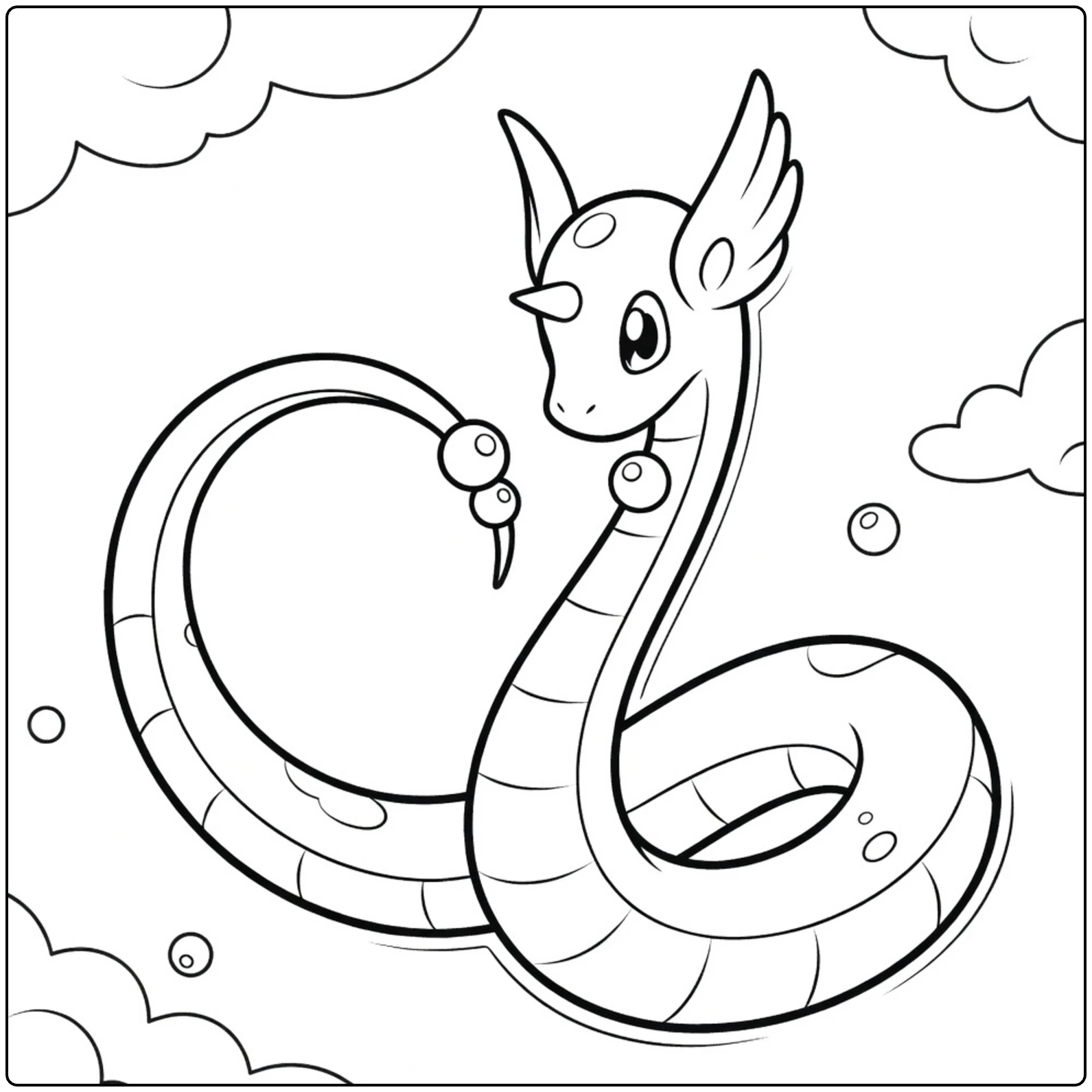 Dragonair Kleurplaat met wolken en bubbels Pokémon