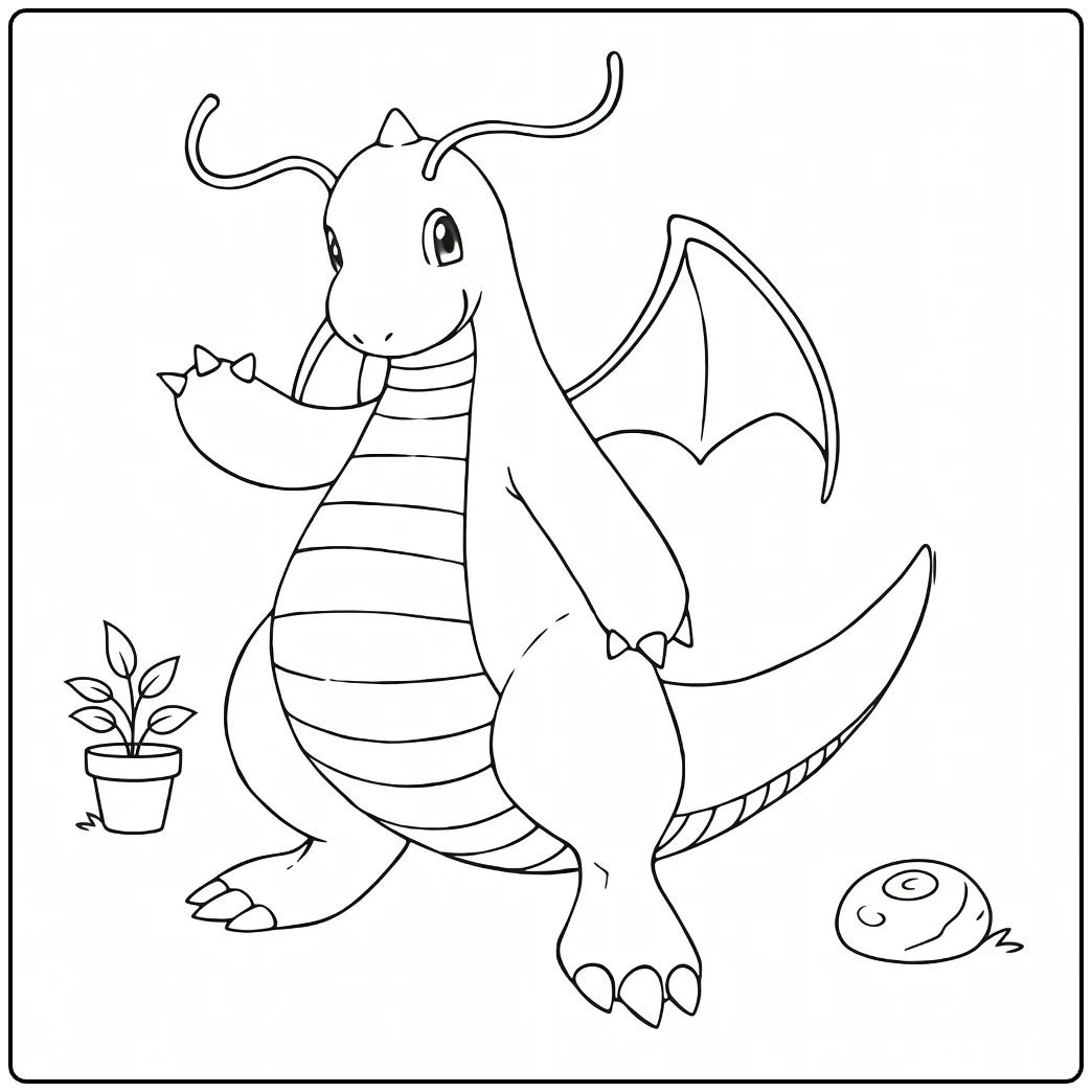 Dragonite Kleurplaat: schattige Pokémon draak te kleuren