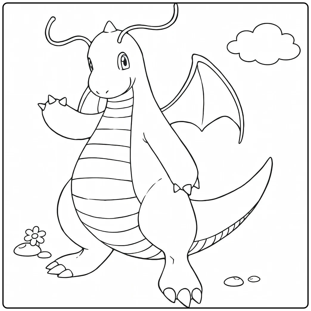 Dragonite Kleurplaat: zwaaiende Pokémon draak