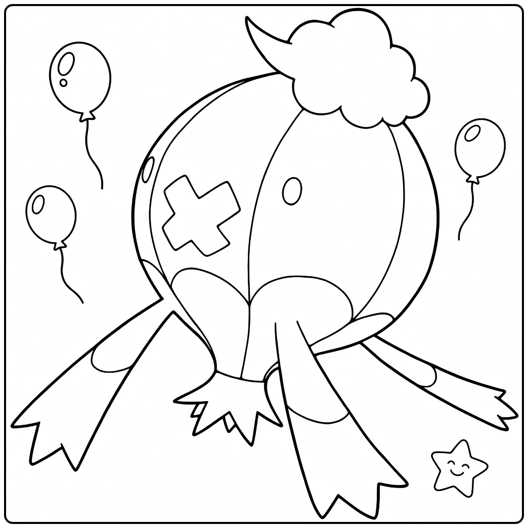 Drifblim Kleurplaat: Pokémon met ballonnen, wolk en ster