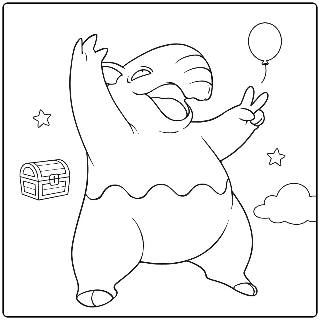 Drowzee Kleurplaat: feest met ballon, V-teken, kist
