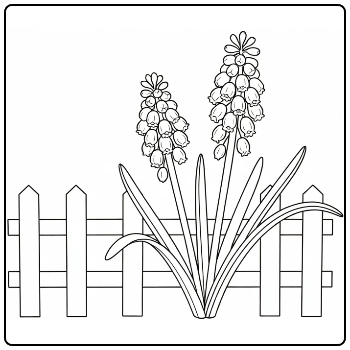 druivenhyacint kleurplaat met bloemen bij houten hek
