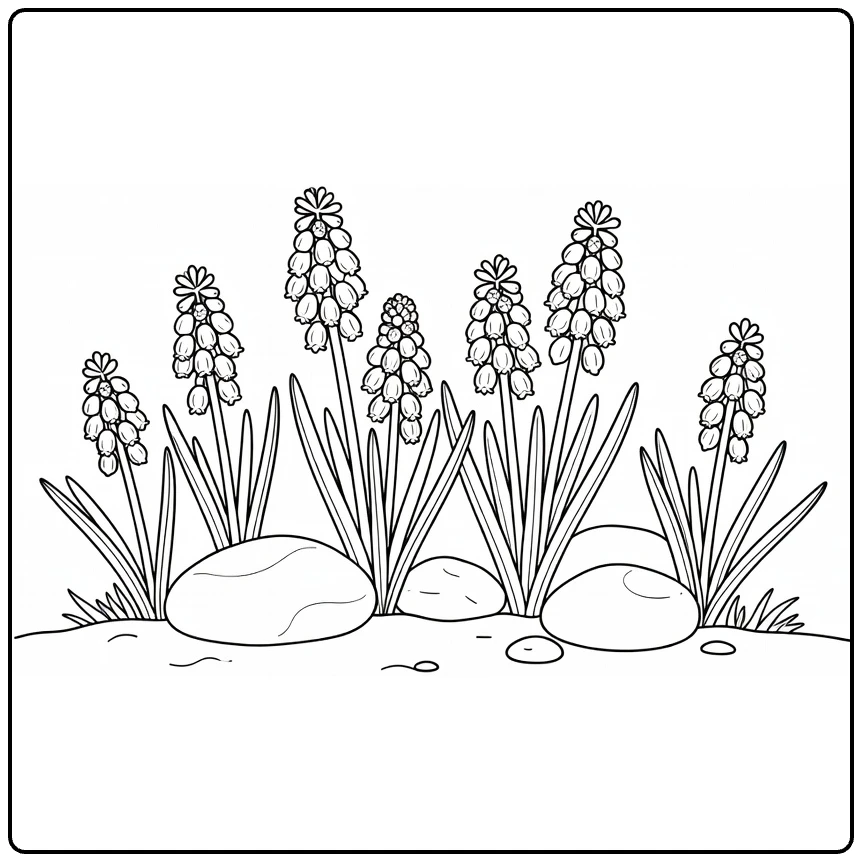 Druivenhyacint kleurplaat met hyacinten naast stenen