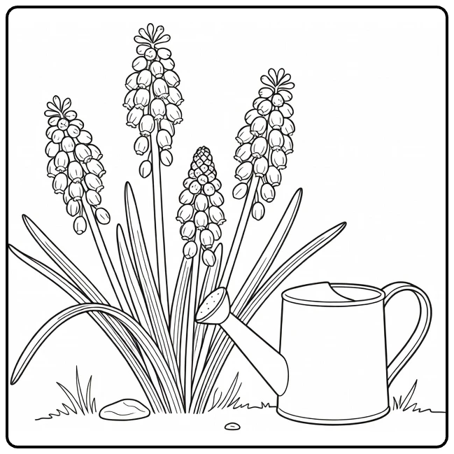 Druivenhyacint kleurplaat met bloemen en gieter