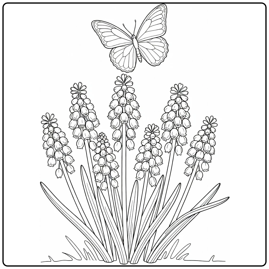 Druivenhyacint kleurplaat met vlinder boven bloemen