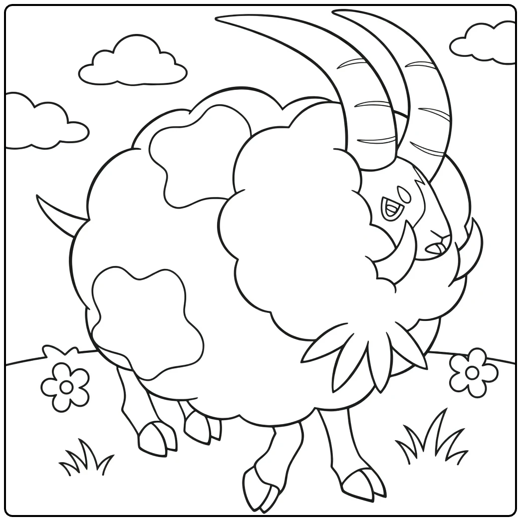 Dubwool kleurplaat wollig schaap met hoorns en gras