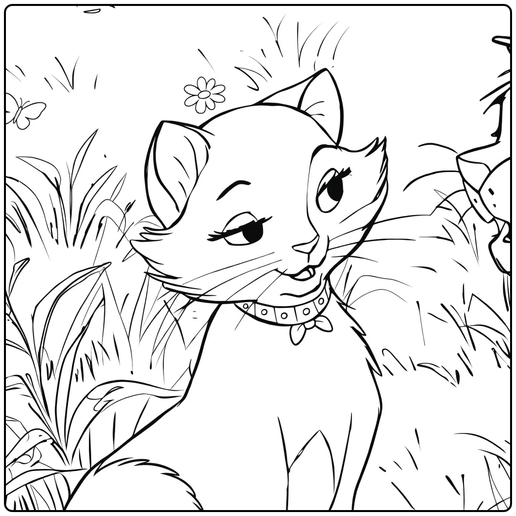 Duchess Kleurplaat van kat in gras met bloemen
