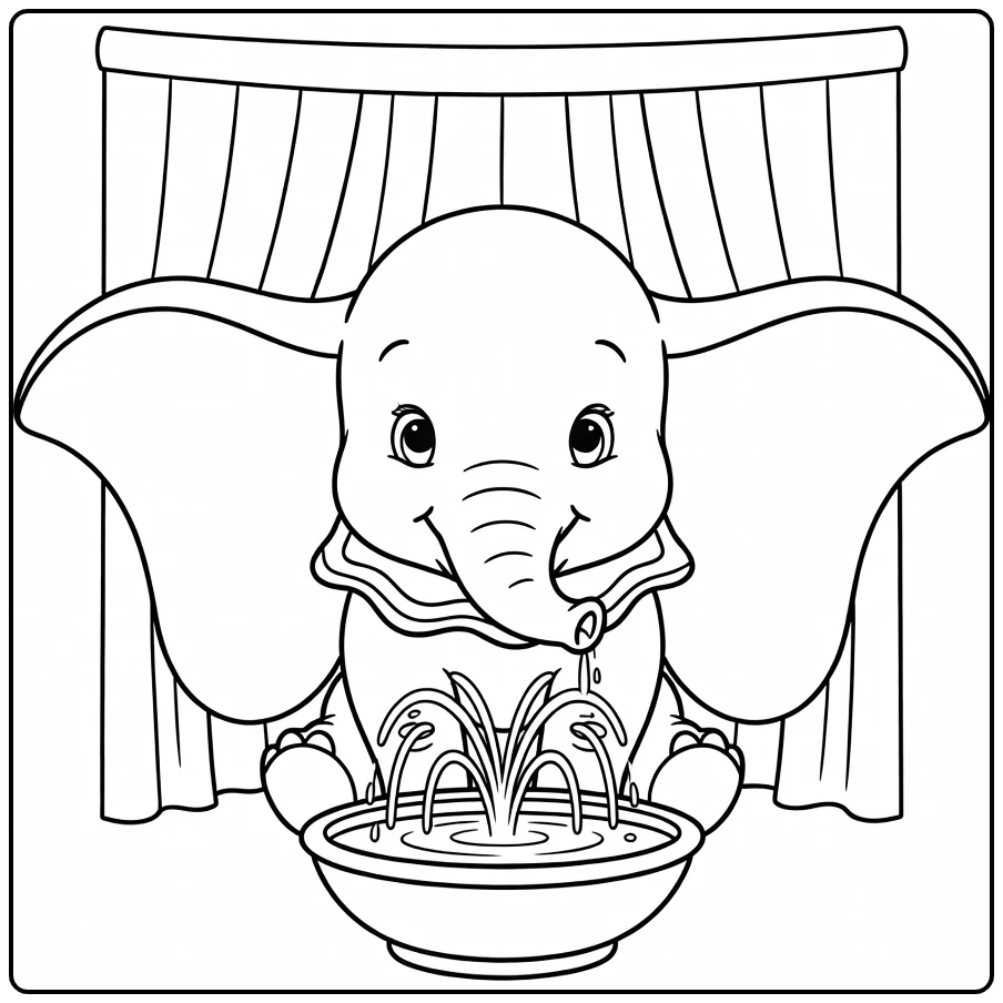 Dumbo kleurplaat: baby olifant spuit water in fontein