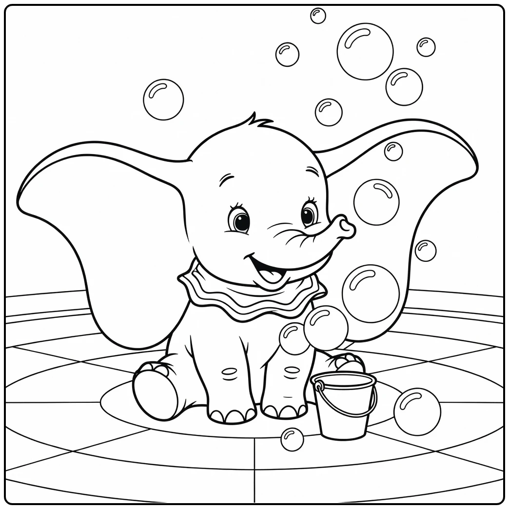 Dumbo kleurplaat: baby olifant met grote oren en bubbels