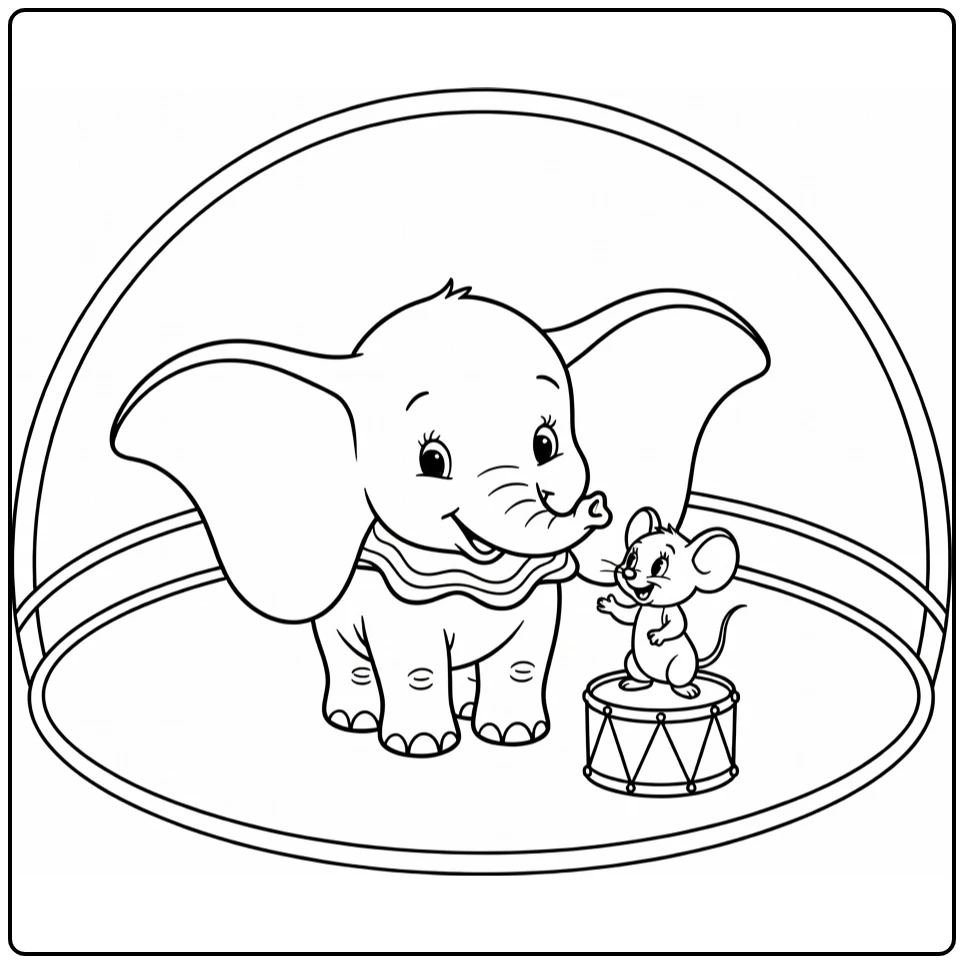 Dumbo kleurplaat: babyolifant grote oren muis op trommel