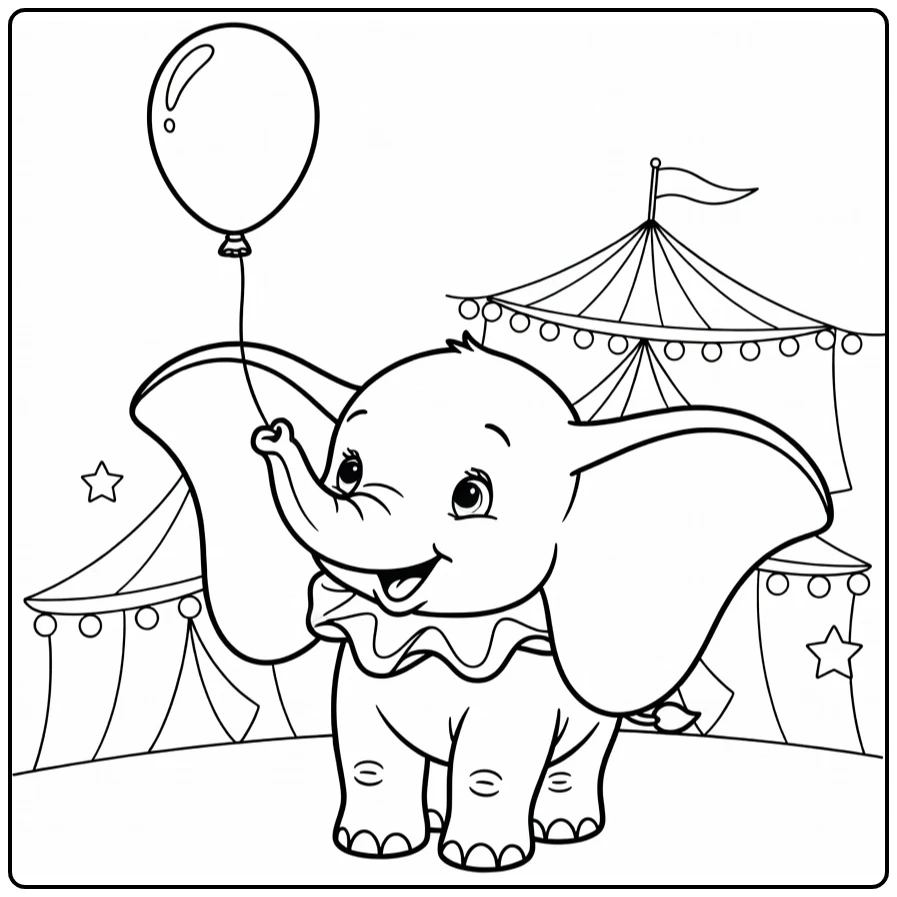 Dumbo kleurplaat: babyolifant met grote oren naar ballon