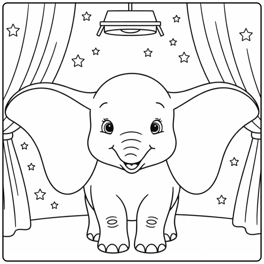 Dumbo kleurplaat: babyolifant onder circusspot met oren uit