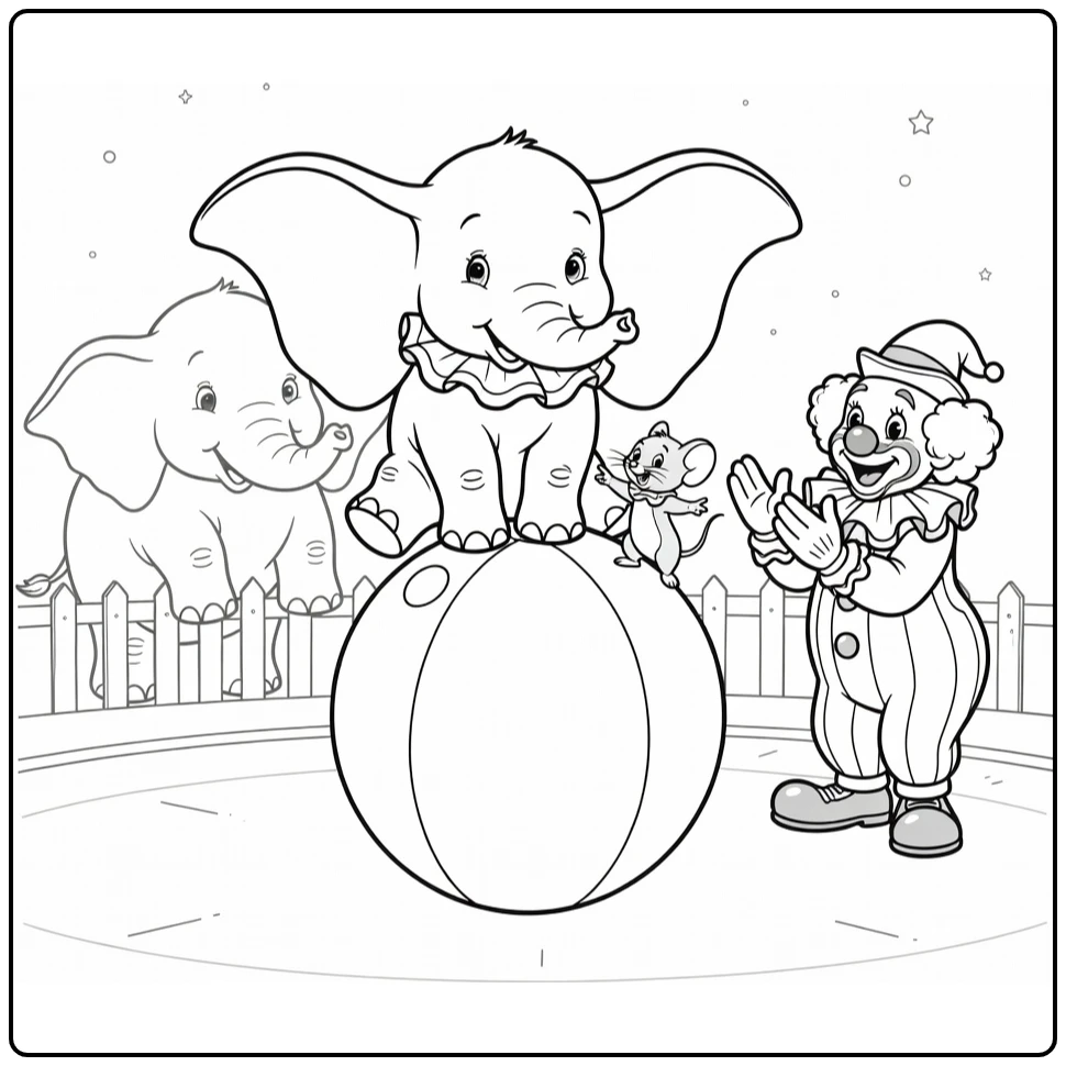 Dumbo kleurplaat: balanceert op circusbal met Timothy Muis
